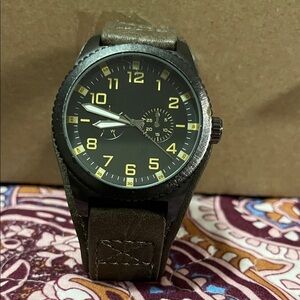 Men's Black and Brown Watch with Gold Accents